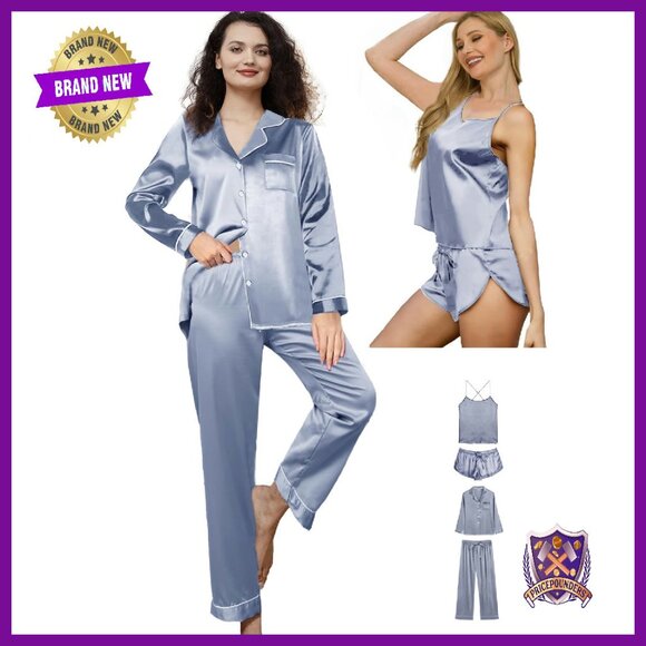 Silk Satin Pajama Set with Cami & Shorts - 4pc Sleepwear Loungewear
